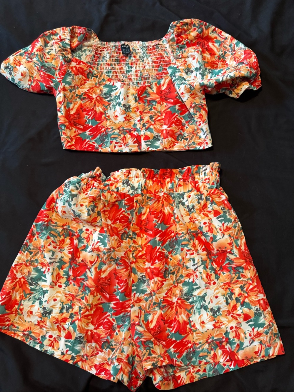 SHEIN Red Orange Floral Smocked Crop Top & Shorts Set